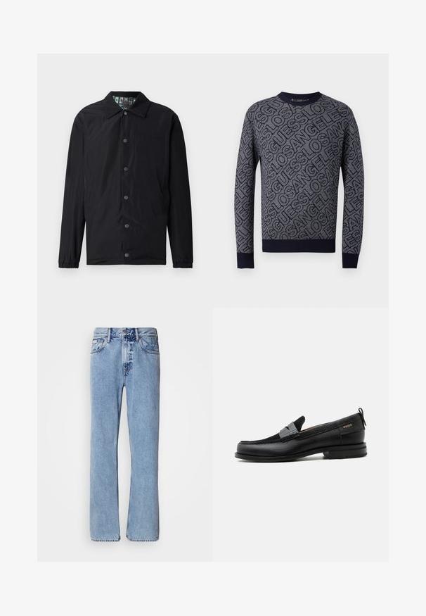 Zwarte lichtgewicht jas met kraag, voorzijde met drukknopen, elastische manchetten en een patroon aan de binnenkant. Voorzijde met reliëflogo.; Navy sweater met een gedurfde all-over patroon van de tekst "Guess Los Angeles" in contrasterend donkerblauw, geribbelde halslijn, manchetten en zoom.; Lichtblauwe denim jeans met een recht ontwerp, vijf zakken en een knoopsluiting. Stikdetails nabij de zakken en de tailleband.; Zwarte leren loafer met grijs riemdetailelement, lage hak en gestructureerde zool, aan de zijkant gebrandmerkt met "HUGO" in goud.