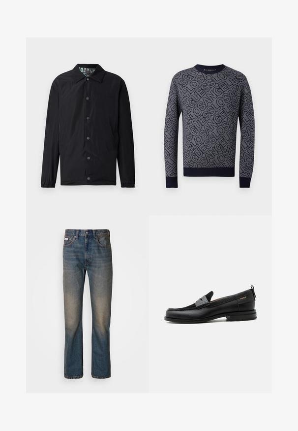 Zwarte lichtgewicht jas met kraag, voorzijde met drukknopen, elastische manchetten en een patroon aan de binnenkant. Voorzijde met reliëflogo.; Navy sweater met een gedurfde all-over patroon van de tekst "Guess Los Angeles" in contrasterend donkerblauw, geribbelde halslijn, manchetten en zoom.; Hoge taille blauwe spijkerbroek van denim, met een rechte pijpontwerp, vervaagde versleten plekken en traditionele vijf-pocket styling.; Zwarte leren loafer met grijs riemdetailelement, lage hak en gestructureerde zool, aan de zijkant gebrandmerkt met "HUGO" in goud.