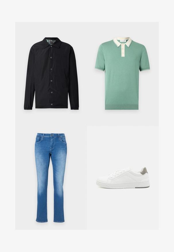 Schwarze leichte Jacke mit Kragen, vorderen Druckknöpfen, elastischen Bündchen und gemustertem Innenfutter. Verfügt über ein geprägtes Logo auf der Vorderseite.; Kurzärmeliges grünes Strick-Poloshirt mit kontrastierendem weißen Kragen und Knopfleiste, gerippten Bündchen und Saum.; Blaue Jeans aus Denim mit geradem Bein, ausgestattet mit fünf Taschen, einem Reißverschluss und Kontrastnähten. Der Stoff hat eine mittlere Waschung mit Ausbleichungen.; Weißer Sneaker aus glattem Leder, runde Zehenpartie, minimalistisches Design, graue Fersenkante und strukturierte Gummisohle.