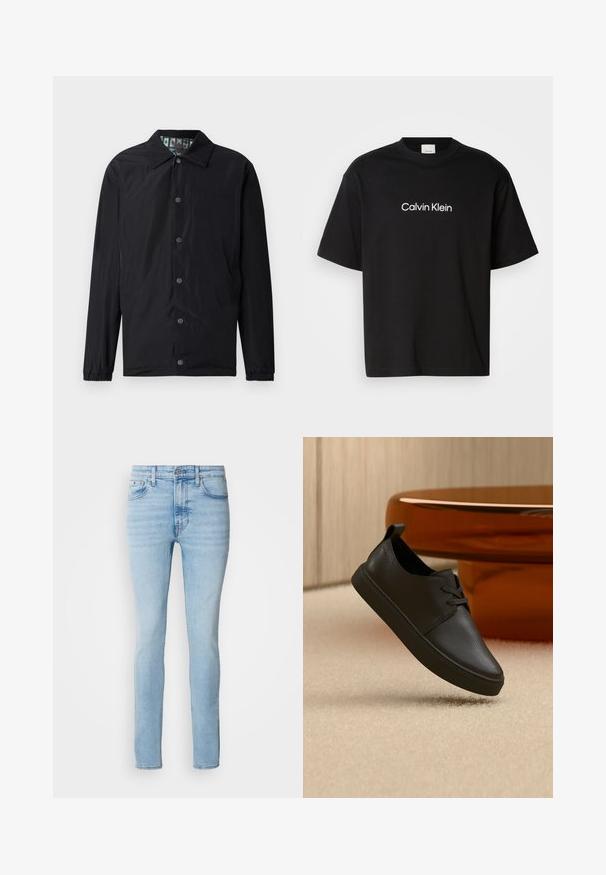 Schwarze leichte Jacke mit Kragen, vorderen Druckknöpfen, elastischen Bündchen und gemustertem Innenfutter. Verfügt über ein geprägtes Logo auf der Vorderseite.; Schwarzes Baumwoll-T-Shirt mit kurzen Ärmeln, featuring einem weißen "Calvin Klein" Logo auf der Vorderseite und einem klassischen Rundhalsausschnitt.; Calvin Klein Jeans Jeans Skinny Fit - arrow stone; Schwarzer Freizeit-Sneaker aus Leder mit Schnürsenkeln, schwebt über einem beigen Teppich, im Hintergrund ein bernsteinfarbenes, rundes Glastisch.