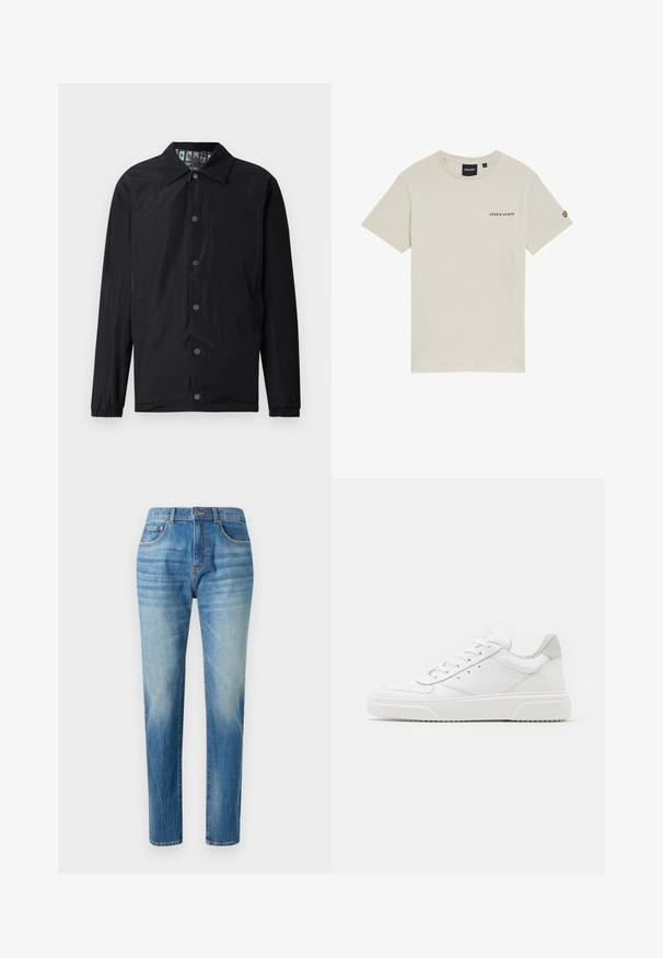 Schwarze leichte Jacke mit Kragen, vorderen Druckknöpfen, elastischen Bündchen und gemustertem Innenfutter. Verfügt über ein geprägtes Logo auf der Vorderseite.; Beige Baumwoll-T-Shirt mit Rundhalsausschnitt, kurzen Ärmeln und einem kleinen "LYLE & SCOTT"-Logo, das auf der Brust gedruckt ist. Verfügt über ein gesticktes Logo am Ärmel.; Hellblaue Denim-Jeans im geraden Schnitt, mit hoher Taille, subtiler Auswaschung und klassischem Fünf-Taschen-Design. Metallknopfverschluss.; Weiße Leder-Sneaker mit glatter Oberfläche, rundem Zehenbereich, flachen Schnürsenkeln und strukturiertem Schuhsohlen. Graues Wildleder-Detail an der Ferse.
