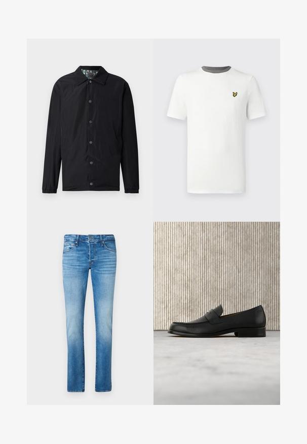 Zwarte lichtgewicht jas met kraag, voorzijde met drukknopen, elastische manchetten en een patroon aan de binnenkant. Voorzijde met reliëflogo.; Wit katoenen t-shirt met een ronde hals, korte mouwen en een grijze halsboord; heeft een klein geel geborduurd logo op de borst.; Lichtblauwe denim jeans met een rechte snit, voorzien van een gemiddelde taillehoogte en subtiele vervaging. Vijf-pocketontwerp met metalen accenten.; Zwarte leren loafer zweeft boven een beige tapijt met op de achtergrond een glanzende, ronde, bruine tafel.