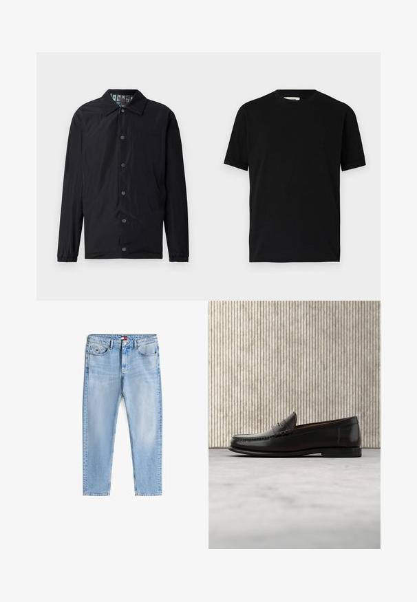 Zwarte lichtgewicht jas met kraag, voorzijde met drukknopen, elastische manchetten en een patroon aan de binnenkant. Voorzijde met reliëflogo.; Zwarte t-shirt met korte mouwen van katoen, met een ronde halslijn en een losse pasvorm. Gladde textuur, zonder patronen of zichtbare logo's.; Lichtblauwe relaxte jeans met vijf zakken, knoopsluiting en subtiele vervaging, plat gelegd op een witte achtergrond.; Zwarte leren penny loafer met lage hak, afgeronde neus en gestikte details langs de voorkant en zijkanten, afgebeeld op een neutrale achtergrond.