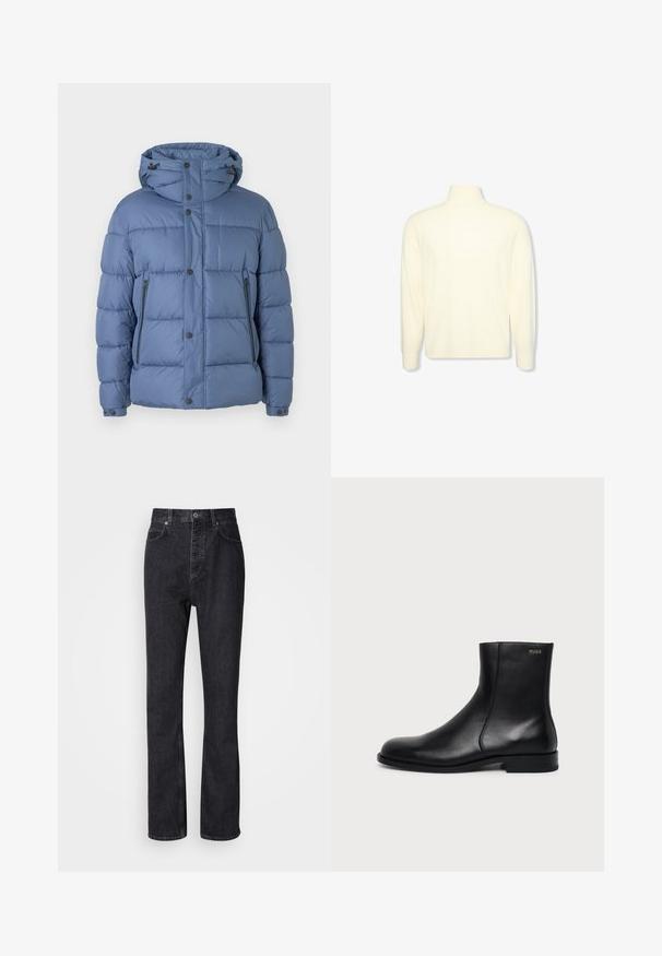 Doudoune bleue avec capuche, dotée d'un design matelassé, de fermetures à pression et à glissière, et de deux poches latérales. Texture lisse et rembourrage.; Pull col roulé crème à manches longues avec des poignets côtelés et un logo discret sur la poitrine, présenté sur un fond blanc uni.; Jean en denim noir taille haute avec fermeture à bouton et à glissière, poches avant et arrière, et coupe droite.; Bottine en cuir noir à talon bas, couture latérale et petit logo "HUGO" sur le revers supérieur sur un fond uni.