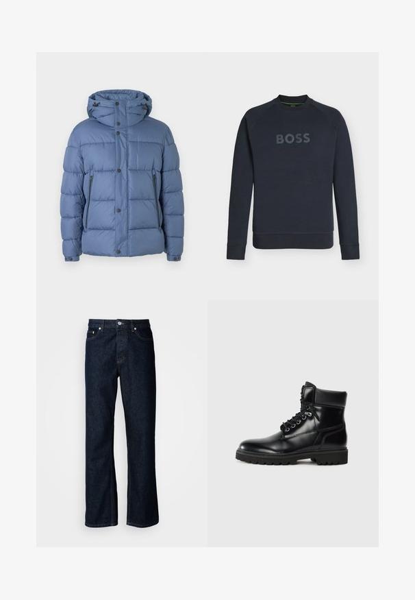Doudoune bleue avec capuche, dotée d'un design matelassé, de fermetures à pression et à glissière, et de deux poches latérales. Texture lisse et rembourrage.; Sweat-shirt bleu marine à manches longues avec col rond, poignets et ourlet côtelés, arborant un texte en relief "BOSS" centré sur la poitrine.; Jean en denim bleu foncé avec une coupe droite, dotés d'un design à cinq poches, d'une braguette à boutons et de détails de couture orange.; Bottine en cuir noir avec une finition brillante, design à lacets, col rembourré et semelle en caoutchouc robuste avec des grips de traction.