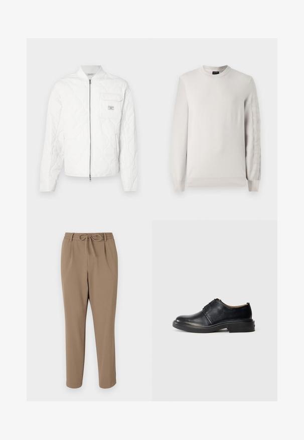 Veste matelassée blanche avec fermeture éclair à l'avant, col côtelé et une poche poitrine unique avec un patch logo. Texture lisse et design minimaliste.; Pull en maille gris clair avec un col rond et des manches longues. Présente un logo textuel en relief le long de la manche gauche. Texture douce, poignets côtelés.; Pantalons beiges fuselés avec une taille à cordon de serrage, des poches latérales et une texture lisse. Aucun motif visible ni accent supplémentaire.; Chaussure oxford en cuir noir avec un bout rond, un laçage à l'avant et un petit talon empilé, sur fond clair.