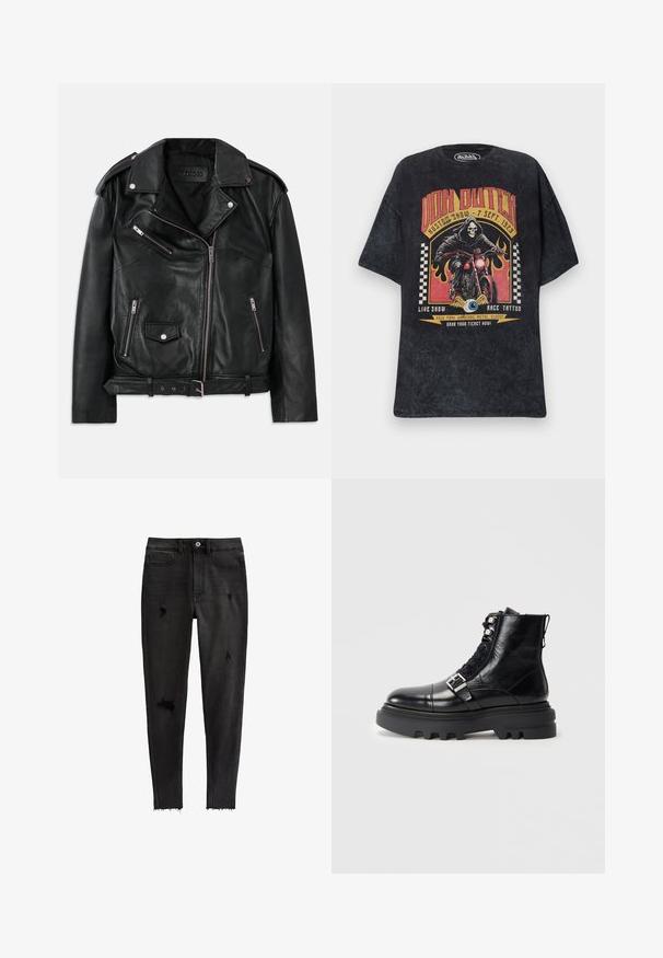 Zwarte leren motorjack met asymmetrische voorkant met rits, rits- en drukknoopzakken, schouderepauletten en een verstelbare riem met gespsluiting in de taille.; Zwart Von Dutch T-shirt met een afbeelding van een skelet dat op een motor rijdt, vlammen, geruite vlaggen en evenementdetails in rood en geel.; Zwarte skinny jeans van denim, met gescheurde accenten, een hoge taille, vijf zakken en een onafgewerkte zoom bij de enkels.; Zwarte leren enkelboot met textuurafwerking, voorzien van vetersluiting, metalen hardwareaccenten en dikke rubberen zool met uitgesproken profiel.