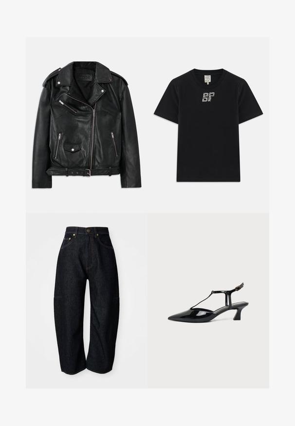 Sort læder bikerjakke med asymmetrisk frontlynlås, lynlås- og trykknaplommer, skulderepauletter og justerbart spænde i taljen.; Sort bomulds T-shirt med korte ærmer, der har et rhinsten-udsmykket "BF" design foran. Rund halsudskæring, afslappet pasform.; Mørke denim jeans med en afslappet pasform, der har diskret orange syninger, forlommer og en flad talje med en knaplukning.; Sort laklæder spids tå slingback sko med T-rem og lav skrå blokhæl på hvid baggrund.