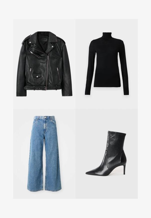 Sort læder bikerjakke med asymmetrisk frontlynlås, lynlås- og trykknaplommer, skulderepauletter og justerbart spænde i taljen.; Sort turtleneck sweater lavet af blødt, letvægtsmateriale. Har lange ærmer og en tætsiddende stil med høj krave.; Højtaljede lyseblå brede denim jeans med frontknap, lynlås og forlommer på en hvid baggrund.; Sorte ankelstøvler lavet af glat læder, med spids tå, tætsiddende skaft og en slank høj hæl. Minimalistisk design uden synligt hardware.