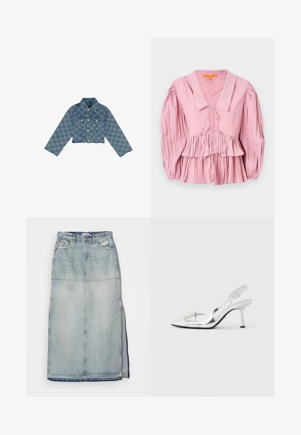 Beskåret denimjakke i lyseblå med et ensartet logo-mønster, knaplukning foran, to brystlommer og flagrende kant.; Stine Goya PLEATED BALLOON SLEEVE TIE - Bluse - pink nectar; Lyseblå denimnederdel med høj talje, der har udvaskede pletter, en slids foran og flosset kant. Inkluderer fire lommer og metalknaplukning.; Sølv slingback-høje hæle med spids tå, blank finish og et rektangulært pynt foran, med en slank hæl og justerbar rem.