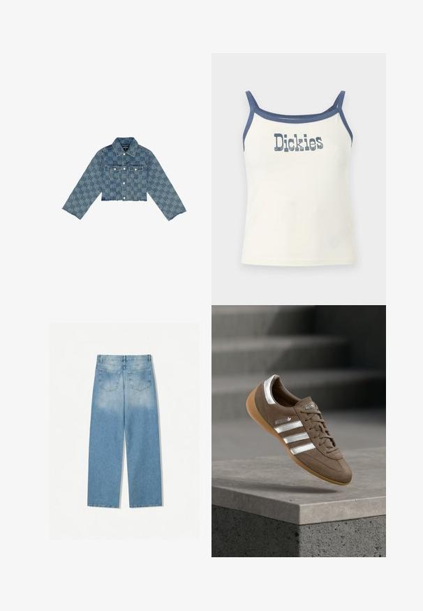 Beskåret denimjakke i lyseblå med et ensartet logo-mønster, knaplukning foran, to brystlommer og flagrende kant.; Hvid crop top med tynde blå stropper og blå kant, med distressed "Dickies" logo tekst centreret på brystet.; Lysblå denimjeans med lige ben-design, som har to baglommer og en falmet tekstur i de øverste sektioner.; Brun ruskindssneaker med hvide striber og sølvdetaljer, med tekstureret overdel, snørelukning og gummisål i caramelfarve.