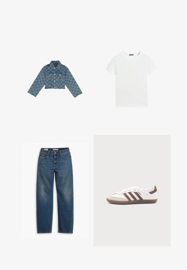 Beskåret denimjakke i lyseblå med et ensartet logo-mønster, knaplukning foran, to brystlommer og flagrende kant.; Almindelig hvid T-shirt med korte ærmer, rund halsudskæring og lille sort label inden i kraven.; Blå denim jeans med en afslappet pasform, der har høj talje, lige ben, synligt syning og en lille detalje på venstre knæ.; Hvid Adidas Samba sneaker med brune ruskindstriber, brun gummisål og beige ruskindståhætte, vist fra ydersiden på en ensfarvet baggrund.