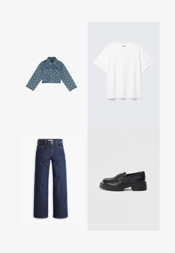 Beskåret denimjakke i lyseblå med et ensartet logo-mønster, knaplukning foran, to brystlommer og flagrende kant.; Hvid T-shirt med korte ærmer og rund halsudskæring med en afslappet pasform og et "WEEKDAY" mærke på indersiden af nakken bagtil.; Mørkeblå denim jeans med høj talje, bred benklipp og diskret orange syninger. Har knap- og lynlåslukning foran.; Sorte læderloafers med en struktureret finish, der har et rektangulært bånd over vamps og et groft, klodsede således design.