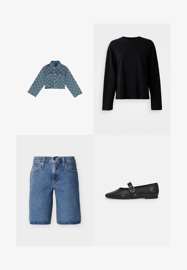Beskåret denimjakke i lyseblå med et ensartet logo-mønster, knaplukning foran, to brystlommer og flagrende kant.; Sort langærmet t-shirt lavet af et blødt, let stof med rund hals og en afslappet pasform med minimale sømdetaljer.; Blå denim-knee-length shorts med frontknap og lynlås, forlommer og bæltestropper på en ensartet lys baggrund.; Sorte læder flade sko med rund tå, et enkelt justerbart spænde og en glat, blank overflade. Minimalistisk design med en lav hæl.