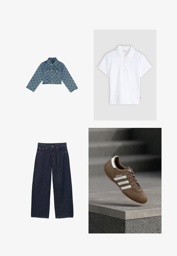 Beskåret denimjakke i lyseblå med et ensartet logo-mønster, knaplukning foran, to brystlommer og flagrende kant.; Hvid kortærmet ribbet poloshirt med krave og fire knapper, lagt fladt ud på en lysegrå baggrund.; Mørkeblå denimbukser med brede ben, forlommer, bæltestropper og knaplukning ved taljen.; Brun ruskind Adidas Spezial sneaker med hvide striber og snørebånd, svævende over en grå betonkantring mod en sløret baggrund af trapper.