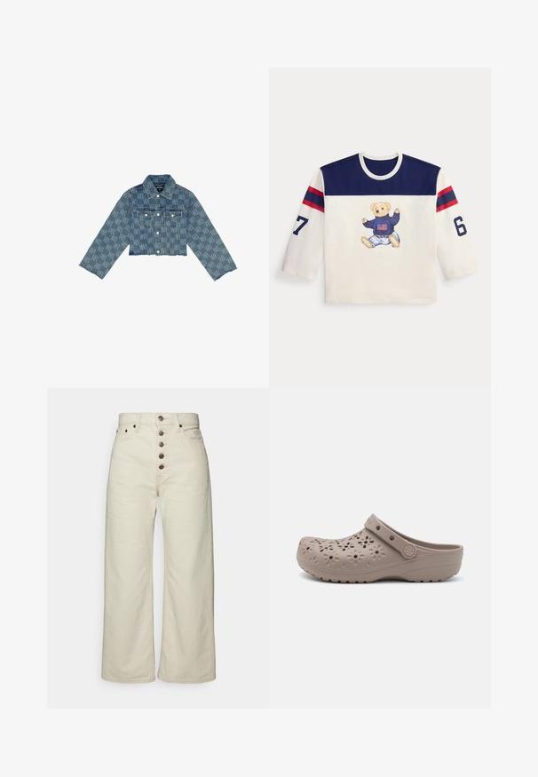 Beskåret denimjakke i lyseblå med et ensartet logo-mønster, knaplukning foran, to brystlommer og flagrende kant.; Hvid langærmet skjorte med marineblåt skulderstykke, røde og marineblå striber på ærmerne, numrene 6 og 7 på hver arm og et bamse med trøje og jeans foran.; Beige bredde ben denim bukser med høj talje og otte-knaps frontlukning. Har to forlommer og en tekstureret stofoverflade.; Beige resintræsko med blomstermønster, en kontureret form og strop for sikker pasform. Tekstureret sål for greb og traction.