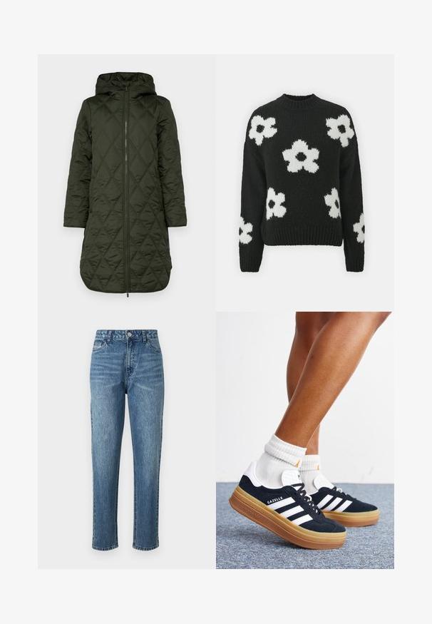 Gepolsterter Kapuzenmantel in dunkelgrün, mit einem rautenförmigen Steppmuster, langen Ärmeln und einem Reißverschluss auf der Vorderseite.; Schwarzer Strickpullover mit weißen Blumenmustern, rundem Halsausschnitt und gerippten Bündchen und Saum. Hergestellt aus weichem, strukturiertem Stoff.; Blaue Denim-Jeans mit geradem Bein, fünf Taschen und einer vorderen Knopfverschluss. Helle Waschung mit subtilen Auswaschungen und einer strukturierten Oberfläche.; Beine mit weißen Socken und schwarzen Adidas Gazelle Sneakers mit weißen Streifen und dicken braunen Sohlen auf einem grauen Teppichboden.
