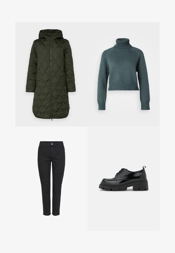 Gepolsterter Kapuzenmantel in dunkelgrün, mit einem rautenförmigen Steppmuster, langen Ärmeln und einem Reißverschluss auf der Vorderseite.; Vero Moda Petite VMMIRANDA - Strickpullover - balsam green; Schwarze Jeans aus Denim mit geradem BeinDesign, ausgestattet mit einem vorderen Knopfverschluss, fünf Taschen und einer schlichten, strukturierten Oberfläche.; Schwarze Lacklederschuhe mit einer klobigen Plateau-Sohle und dicken Schnürsenkeln. Abgerundete Zehenpartie, minimale Details und eine kleine Fersenschlaufe auf der Rückseite.