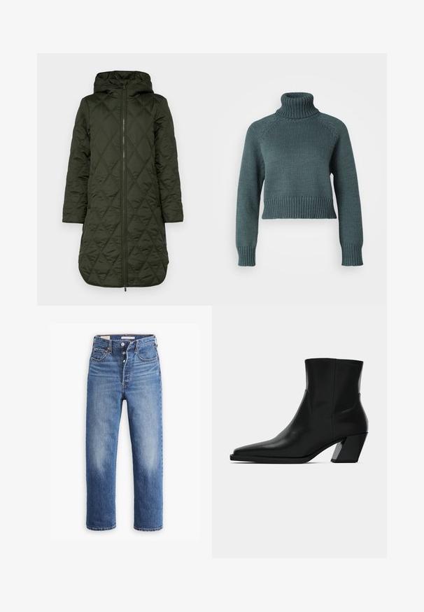 Gepolsterter Kapuzenmantel in dunkelgrün, mit einem rautenförmigen Steppmuster, langen Ärmeln und einem Reißverschluss auf der Vorderseite.; Vero Moda Petite VMMIRANDA - Strickpullover - balsam green; Blaue Jeans aus Denim mit hoher Taille, geradem Beinschnitt und ausgewaschenen Stellen. Mit Fronttaschen und metalischen Verzierungen.; Schwarze Leder-Stiefelette mit spitzem Zeh, schlanker Silhouette und klobigem quadratischem Absatz. Glatte Textur mit minimalen Nähdetails.