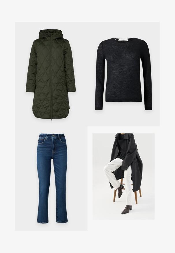 Polstret hættejakke i mørkegrøn med en diamant-quiltet mønster, lange ærmer og en frontlynlås.; Sort gennemsigtig langærmet letvægts crewneck sweater med fint strikmønster og ribbede mansjetter og kant.; Good American GOOD LEGS - Jeans Slim Fit - dark blu; Sort, oversized trenchcoat over en sort top, parret med hvide bukser og brune, spidse ankelstøvler, siddende på en træstol.