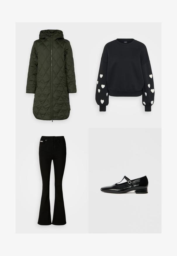 Polstret hættejakke i mørkegrøn med en diamant-quiltet mønster, lange ærmer og en frontlynlås.; ONLY Tall ONLMACY O NECK BOX - Sweatshirt - black/cloud dancer; Sorte bukser med flare, der har en tætsiddende talje, lavet af blødt denim. Har to forlommer og en klassisk knap- og lynlåslukning.; Sorte Mary Jane-sko i læder med spids tå, lille blokhæl og justerbar rem med sølvspænde. Glat, blank tekstur.