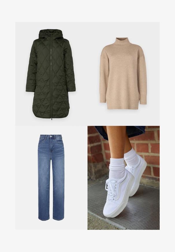 Polstret hættejakke i mørkegrøn med en diamant-quiltet mønster, lange ærmer og en frontlynlås.; Beige turtleneck-trøje med løs pasform, ribbet kant og ærmekanter, blød tekstur og let sænkede skuldre. Fremstillet af et let materiale.; Lyseblå denimjeans med højtaljet, lige ben, fem-lomme-design og subtile falmede detaljer i hele stoffet.; Hvide lærreds sneakers med gummisåler, der har seks snørehuller, rund tå og let sømdetaljer, krydret med hvide ankelstrømper.