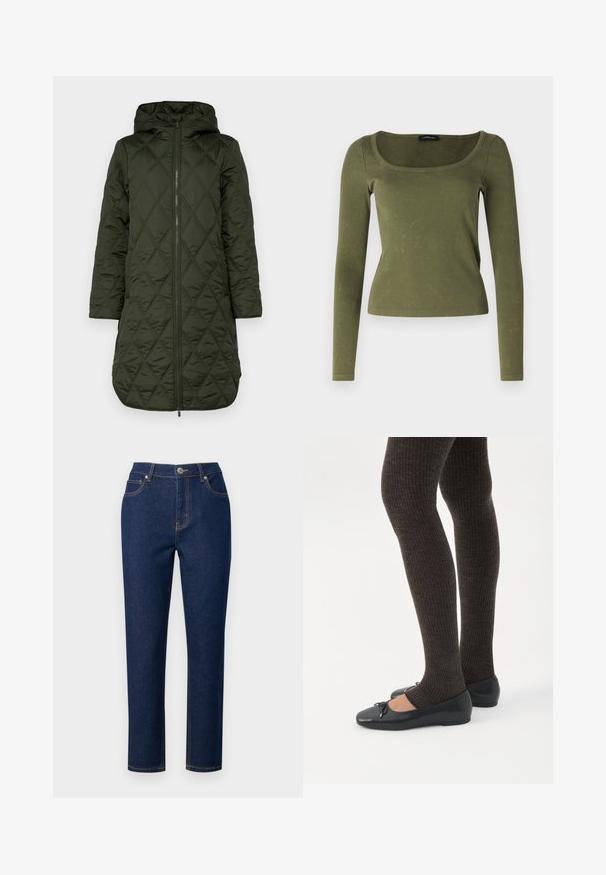 Padded hooded coat in dark green, featuring a diamond quilted pattern, long sleeves, and a front zipper closure. полноформатné obrázok.; Olivovo zelený dlhý rukáv top vyrobený z rebrovanej látky, s obdĺžnikovým výstrihom a priliehavým strihom. Výrazná textúra s jemnými vzormi.; Tmavomodré denimové džínsy s rovný fit, s predným zipsom, zapínaním na gombík a zvýrazneným šitím na vreckách a švoch.; Nohy v tmavých pásikavých legínach v kombinácii s čiernymi balerínkami s malými mašličkami na bielom pozadí.