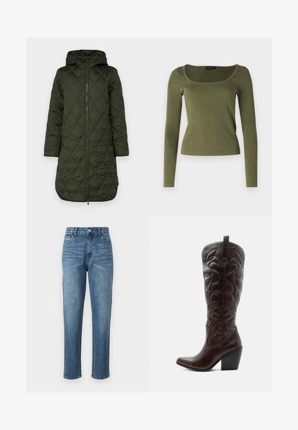 Padded hooded coat in dark green, featuring a diamond quilted pattern, long sleeves, and a front zipper closure. полноформатné obrázok.; Olivovo zelený dlhý rukáv top vyrobený z rebrovanej látky, s obdĺžnikovým výstrihom a priliehavým strihom. Výrazná textúra s jemnými vzormi.; Modré rifľové nohavice so strihaním rovného strihu, piatimi vreckami a predným zapínaním na gombík. Svetlá pranie s jemným vyblednutím a textúrovaným povrchom.; Vysoká tmavohnedá kožená kovbojská čižma so šitými dekoratívnymi vzormi, špicatou špičkou a vrstveným blokovým podpätkom.