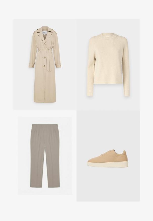 Trench-coat beige avec une ceinture à la taille, manches longues et épaulettes. Dispose de deux boutons à l'avant et d'une coupe ajustée. Texture du tissu lisse.; Pull en tricot côtelé couleur crème avec un col rond, des manches longues et une coupe droite. Texture douce avec des variations tonales subtiles.; Pantalon beige coupe droite avec taille haute et détails de plis, présenté à plat sur fond blanc.; Baskets beiges avec une texture lisse, bout arrondi et design minimaliste. Dotées d'une semelle couleur crème et de six œillets pour les lacets.