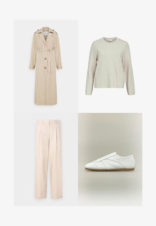 Beige trench coat with a belted waist, long sleeves, and epaulets. Features two front buttons and a tailored fit. Smooth fabric texture.; Light beige long-sleeve sweater with a round neck. Made from textured knit material, featuring slightly dropped shoulders and a relaxed fit.; Beige trousers with pleats, made of smooth fabric. Features a waistband with belt loops and straight leg design, no visible pockets.; White low-top sneaker with white laces and light brown sole, showing side profile on a neutral background.