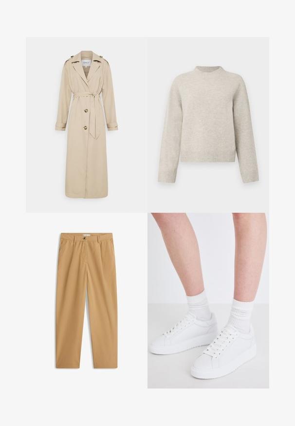 Trench-coat beige avec une ceinture à la taille, manches longues et épaulettes. Dispose de deux boutons à l'avant et d'une coupe ajustée. Texture du tissu lisse.; Pull en tricot épais gris clair avec un col rond, des épaules tombantes et des bords côtelés aux poignets et à l'ourlet. Texture douce, coupe décontractée.; Pantalon beige décontracté à jambes droites avec poches latérales, passants pour ceinture, fermeture par bouton et braguette zippée.; Copenhagen Studios CPH72 - Baskets basses - white