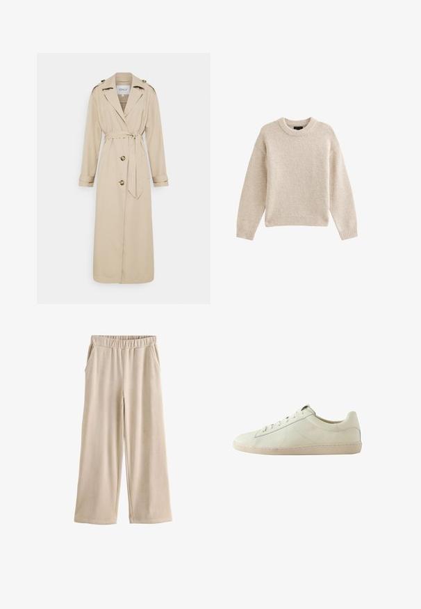 Beige trenchcoat med bælte i taljen, lange ærmer og skulderstropper. Har to knapper foran og en skræddersyet pasform. Glat stoftekstur.; Beige strikket sweater med rund hals, lange ærmer og ribbet kant. Tekstureret stof med en blød udseende. Enkel og alsidig design.; Beige bredbenede fløjlsbukser med elastik i taljen og sidelommer, vist fladt på hvid baggrund.; Lavskaftet hvid lædersneakers med tekstureret overflade, snørelukning og en beige gummisål, vist fra siden på en hvid baggrund.