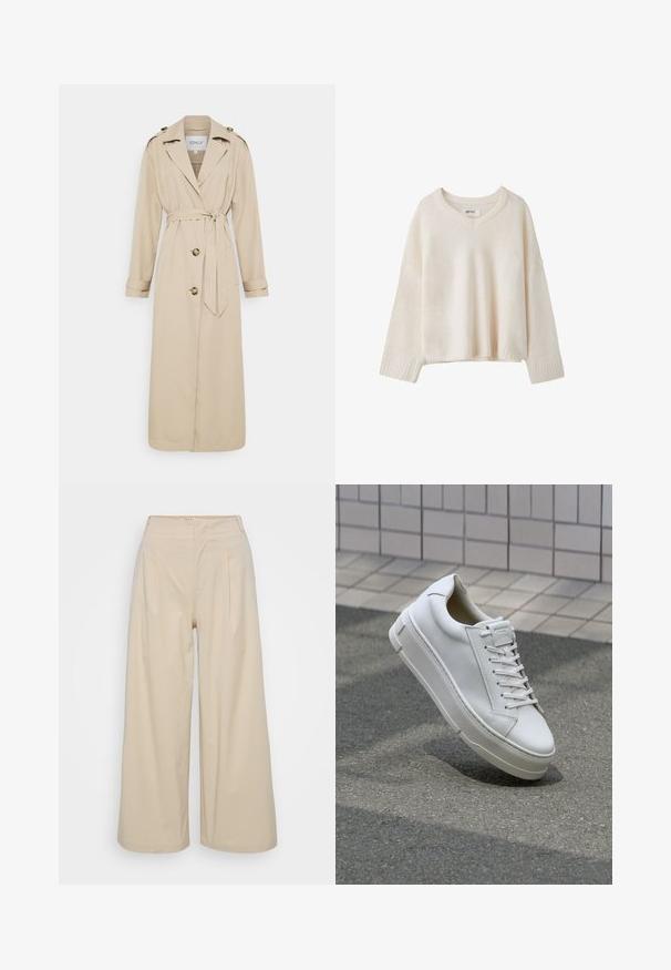 Trench-coat beige avec une ceinture à la taille, manches longues et épaulettes. Dispose de deux boutons à l'avant et d'une coupe ajustée. Texture du tissu lisse.; Pull tricoté crème à manches longues avec poignets côtelés et col rond sur fond blanc.; Pantalons larges beiges en tissu lisse, dotés d'une taille haute, de plis à l'avant et d'un ourlet à la cheville. Design simple et sans ornements.; Baskets blanches en cuir avec un design bas, lacets plats, bout arrondi et côtés texturés. Semelle en caoutchouc épaisse avec des accents subtils.