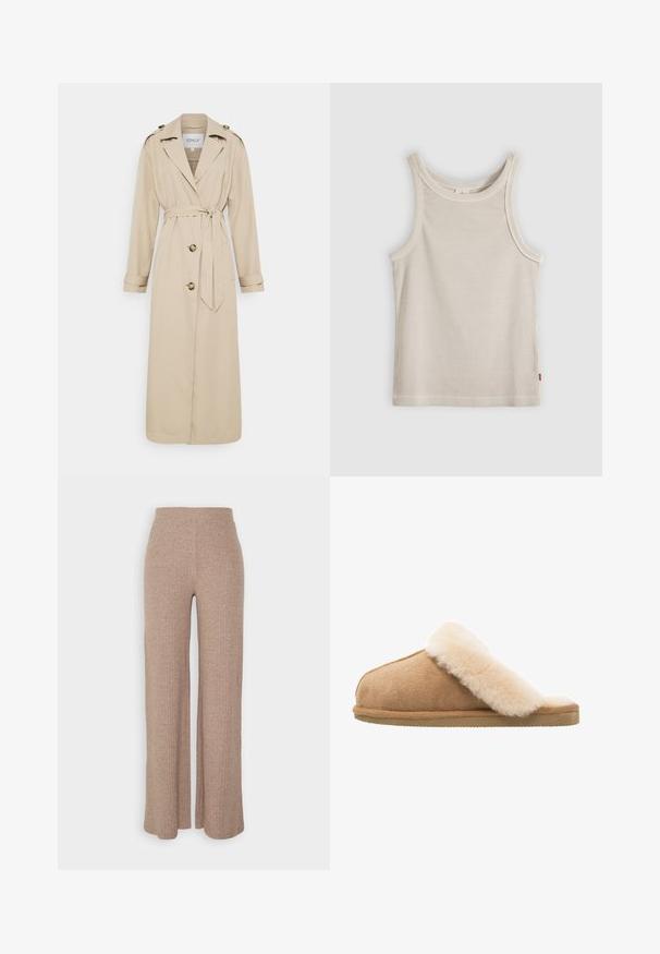 Beige trench coat with a belted waist, long sleeves, and epaulets. Features two front buttons and a tailored fit. Smooth fabric texture.; Beige ribbed sleeveless tank top with round neckline and slim fit, displayed against a gray background.; Beige ribbed wide-leg trousers with a high waistband and soft texture, featuring a loose fit and no visible fastenings.; Suede slip-on slipper in beige with a soft, fluffy cream sheepskin lining. Features a flat, textured rubber sole for grip.