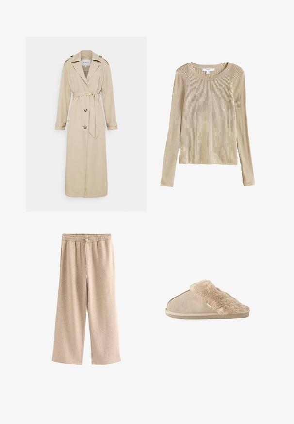 Beige trenchcoat med bælte i taljen, lange ærmer og skulderstropper. Har to knapper foran og en skræddersyet pasform. Glat stoftekstur.; Beige ribstrikket langærmet sweater med rund halsudskæring og slim fit, vist fladt med synligt mærke ved kraven.; Beige bukser med vide ben, elastisk talje og snørre, lavet af et blødt, plettet stof.; Beige slip-on tøfler med blødt ruskind yderside og blødt, fluffy inderfor og manchet, designet til komfort indendørs.