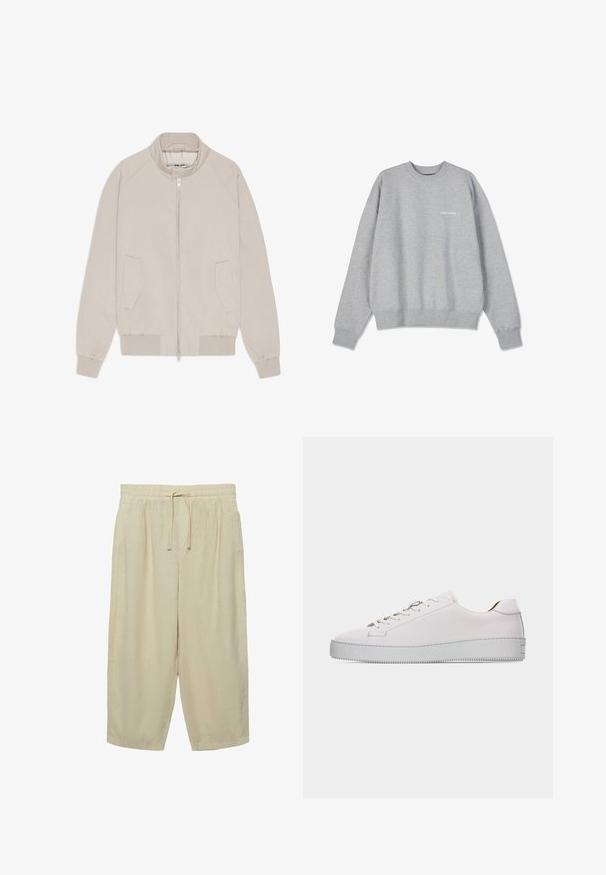 Beige bomber jacket with a zip closure, ribbed cuffs and hem, and two side pockets. Smooth fabric with a minimalist design.; Harmaa collegepaita, joka on valmistettu puuvillaseoksesta. Pyöreä kaula-aukko, pitkät hihat, ribbaatut hihansuöt ja helma. Edessä on pieni valkoinen logo.; Beiget, väljähtävät lyhyet housut, joissa on joustava vyötärönauha ja edessä kiristysnauha, valmistettu kevyestä kankaasta.; Matalavartinen valkoinen nahkainen lenkkari, jossa valkoiset nauhat, litteä kuvioitu kumipohja ja minimaalinen ompelu, esitetty ulkosivulta valkoisella taustalla.