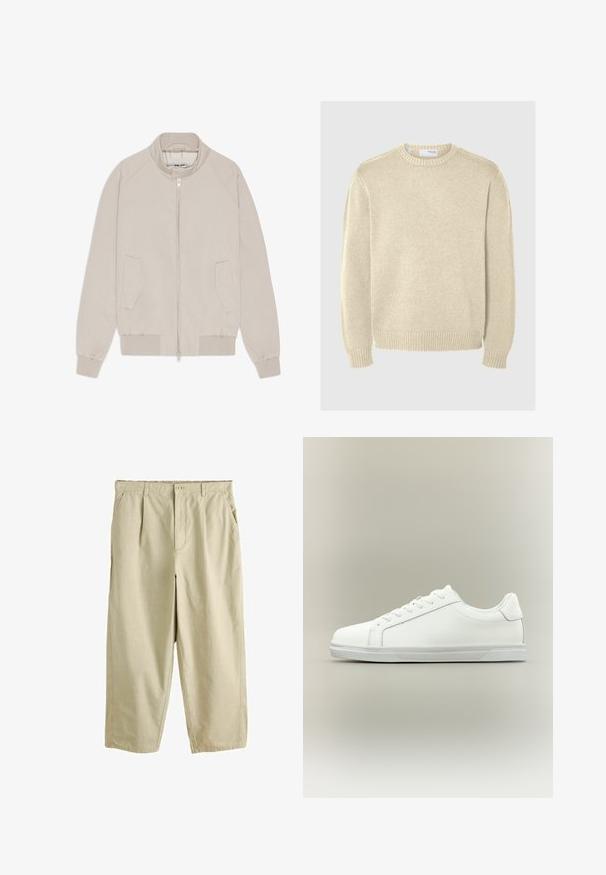 Veste bomber beige avec fermeture éclair, poignets et ourlet côtelés, et deux poches latérales. Tissu lisse avec un design minimaliste.; Pull en maille beige clair avec un col rond, des manches longues, des poignets et un ourlet côtelés. Texture lisse avec un motif de moyenne épaisseur.; Pantalon beige droit avec fermeture par boutons, plis à l'avant et poches latérales, présenté sur fond blanc.; Baskets blanches basses à lacets sur l'avant avec semelle en caoutchouc texturée, sur fond neutre uni.