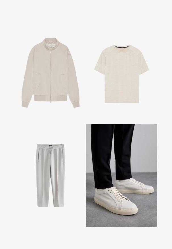 Veste bomber beige avec fermeture éclair, poignets et ourlet côtelés, et deux poches latérales. Tissu lisse avec un design minimaliste.; T-shirt beige clair à manches courtes en tissu texturé, avec un col rond et des manches raglan. Motif de fines rayures horizontales.; Pantalon de survêtement gris clair en tissu lisse, avec une taille élastique et un cordon de serrage, ainsi que deux poches latérales.; Baskets en cuir beige clair avec des lacets plats, une surface texturée et une semelle en caoutchouc crème contrastante, associées à un pantalon noir fuselé.