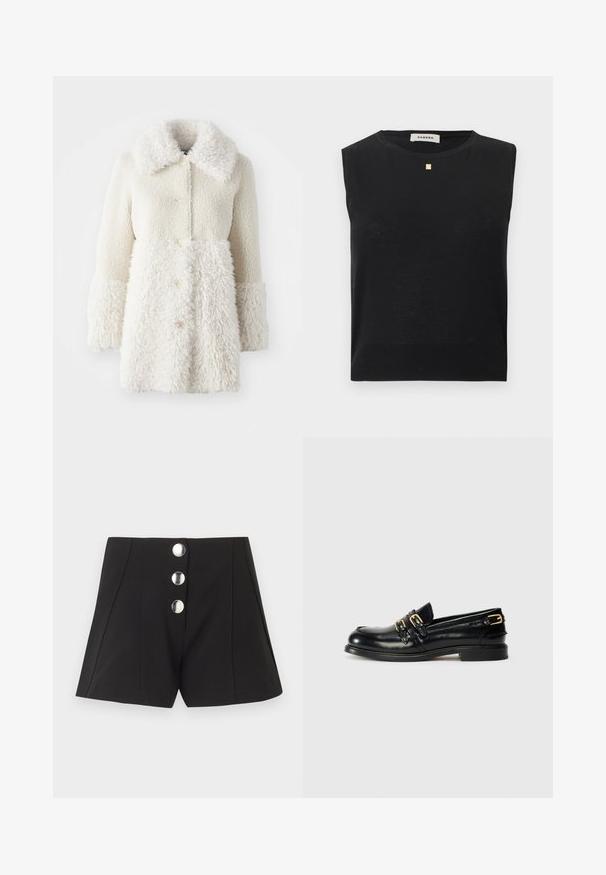 Manteau en fourrure blanche avec un tissu texturé, grand col et fermetures à boutons. Le corps a une finition lisse, avec des accents contrastants.; Haut noir sans manches en maille avec col rond et petit emblème carré doré sous l'encolure, étiqueté Sandro.; Shorts noirs taille haute avec trois grands boutons argentés sur le devant et des coutures verticales apparentes.; Mocassins en cuir noir avec une finition brillante, dotés de deux boucles dorées et d'un talon bas. Texture lisse avec un design à bout arrondi.