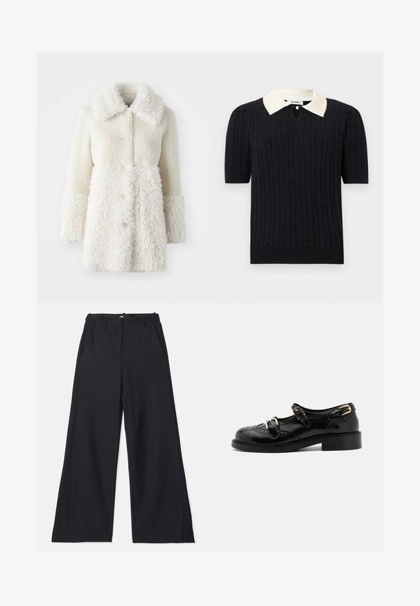Manteau en fourrure blanche avec un tissu texturé, grand col et fermetures à boutons. Le corps a une finition lisse, avec des accents contrastants.; Haut noir en maille à manches courtes avec motif torsadé, doté d'un col pointu blanc orné de perles et d'une petite ouverture frontale avec bouton.; Maje PIMANO - Pantalon classique - noir; Chaussures en cuir noir avec détails de brogue, dotées de deux sangles à boucle, d'un bout arrondi et d'un talon bas. Texture lisse avec finition brillante.