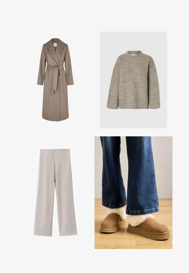 mbyM UMIA-M - Klassisk frakke - greige melange; Lys brun, oversized striktrøje lavet af blødt materiale med rund hals og sænkede skuldre. Har en tekstureret overflade og lange ærmer.; Lysegrå bukser med vide ben lavet af blødt stof. De har en glat tekstur og et simpelt, enkelt design uden lommer eller beslag.; Brune ruskindssandaler med en tykk lys pelsopfoldning, monteret på en beige platformssål, parret med bredbenede denimjeans.