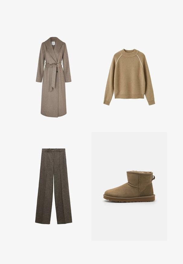 mbyM UMIA - Klassinen takki - greige melange; Beige ribbineulottu villapaita, jossa on pitkät hihat, pyöreä pääntie ja hienovaraiset valkoiset saumanvaranauhat hartioiden saumoissa.; Ruskeat leveälahkeiset housut, joissa on etutaskujen laskokset, vyölenkit ja kuvioitu kangas.; Ruskea mokkanahkainen nilkkBoot, jossa on pehmeä ja karvainen vuori, pyöreä kärki ja lenkkikorostus takaosassa. Litteä kumipohja, jossa on teksturoidut pinta.