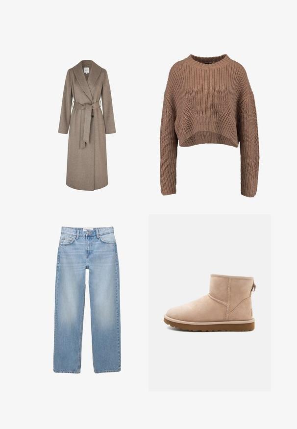 mbyM UMIA - Mantel - greige melange; Bruin gebreid cropped sweater, met een geribbelde textuur, wijde mouwen en een ronde hals. Zacht, chunky materiaal met een relaxte pasvorm.; Lichtblauwe denim jeans met een recht model, vijf zakken en zichtbare stiksels. De stof heeft een zachte, iets vervaagde textuur.; Beige suède enkellaars met een ronde neus, gestikte accenten en een gestructureerde bruine rubberen zool. Beschikt over een trekband aan de achterkant.