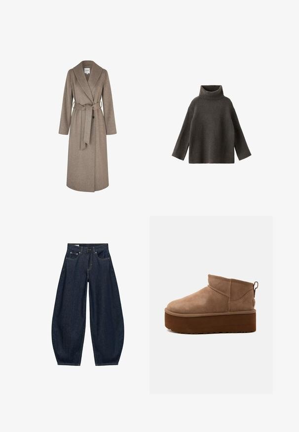 mbyM UMIA-M - Klassisk frakke - greige melange; Mørkegrå rullekravetrøje med lange ærmer og ribstrikkede manchetter og kant.; Mørkeblå vidde jeans med frontlommer, bæltestropper og knaplukning i taljen.; Mellemstore brune ruskind slip-on støvler med tyk platformsål og trækflig bagpå mod lys baggrund.