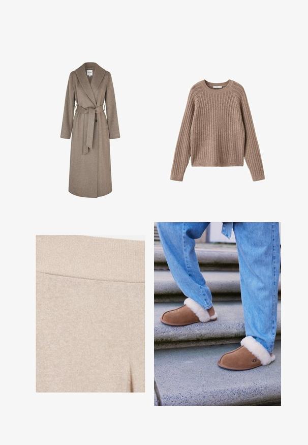 mbyM UMIA - Mantel - greige melange; Bruin geribd sweater met lange mouwen, ronde hals en een relaxte pasvorm. Kenmerkt zich door een textiel met verticale lijnen door het geheel.; Close-up van beige gebreide broek met een geribde elastische tailleband en zachte gestructureerde stof.; Bruine suede pantoffels met witte faux bont voering, ronde neus en rubberen zool, gecombineerd met een blauwe spijkerbroek op granieten trappen.