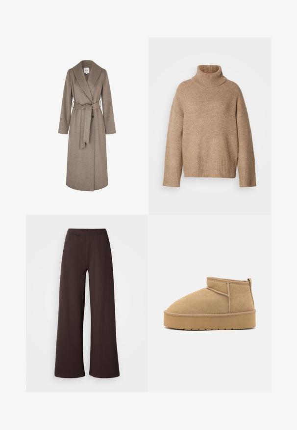 mbyM UMIA-M - Klassisk frakke - greige melange; Beige rullekravesweater lavet af blødt strikstof. Har ribbet halsudskæring og manchetter, med en afslappet pasform og sænkede skuldersømme.; Viddebukser i mørkebrun, lavet af blødt stof med elastisk talje og en ren kantfinish, ideelle til komfort og afslappet brug.; Beige suede ankelstøvler med rund tå, minimale syninger og en lysebrun gummisål med et tekstureret mønster.