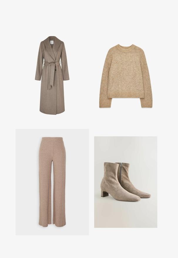 mbyM UMIA-M - Klassisk frakke - greige melange; Beige strikket uldtrøje med lange ærmer, ribbet rund hals, manchetter og kant, vist fladt på en hvid baggrund.; Beige ribbede vide bukser med høj talje og blød tekstur, der har en løs pasform og ingen synlige lukninger.; Beige ruskinds ankelstøvler med spids tå og mellemhøj blokhæl; lynlås på siden og sømløs design for et elegant udseende.