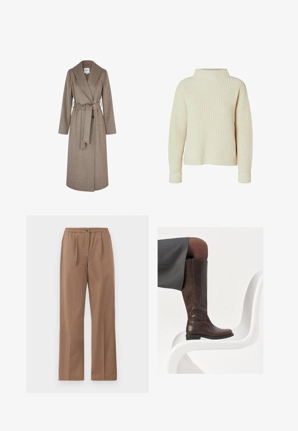 mbyM UMIA - Mantel - greige melange; Chunky gebreide crèmekleurige trui met een hoge hals, drop shoulders en ribgebreide manchetten. De gestructureerde stof biedt een zachte, gezellige uitstraling.; Bruine, wijde broek met een elastische tailleband en een knoopsluiting. Herenstructuur met een subtiele glans en geen zichtbare patronen.; Bruine leren knie-hoge laars met een ronde neus, een soepele textuur en minimale stikseldetails, tegen een lichte achtergrond op een witte stoel.