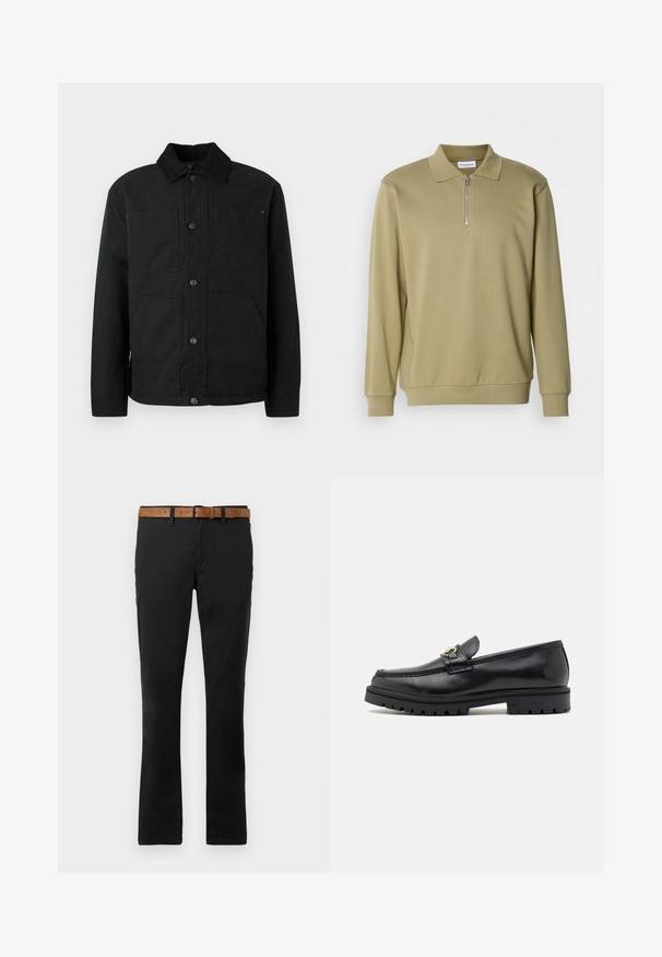 Zwarte button-up jas met een corduroy kraag en vier voorzakken, tentoongesteld tegen een effen lichte achtergrond.; Kaki longsleeve polohemd met een ritskraag, gemaakt van zachte stof, met een klassieke kraag en geribbelde manchetten.; Zwarte katoenen chinos met een rechte pijp ontwerp, voorzien van een leren riem in bruin. Glad textuur, klassieke voorzakken en riemlussen.; Zwarte leren instappers met een zachte afwerking, ronde neus, een decoratieve band met gouden hardware en een robuuste zwarte zool.