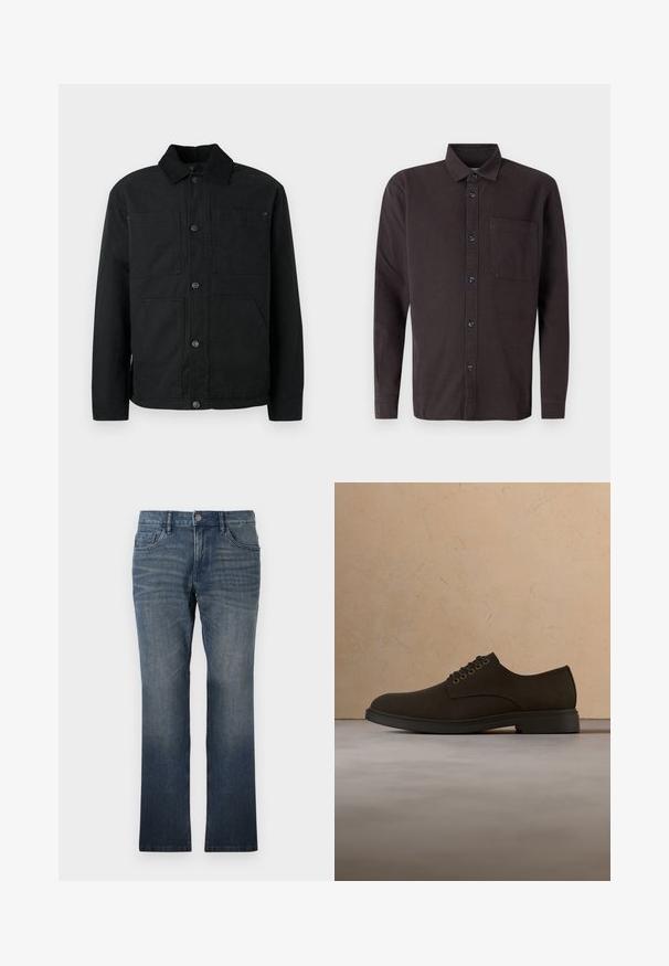 Chaqueta negra con botones, cuello de pana y cuatro bolsillos frontales, exhibida sobre un fondo claro y liso.; Camisa de manga larga marrón oscura de algodón, con cuello abotonado, bolsillo frontal y botones negros para el cierre.; TOM TAILOR MARVIN - Vaqueros rectos - dark stone wash denim; Zapato de vestir de cuero marrón oscuro con cordones suspendido sobre una alfombra beige, con un sofá beige desenfocado en el fondo.